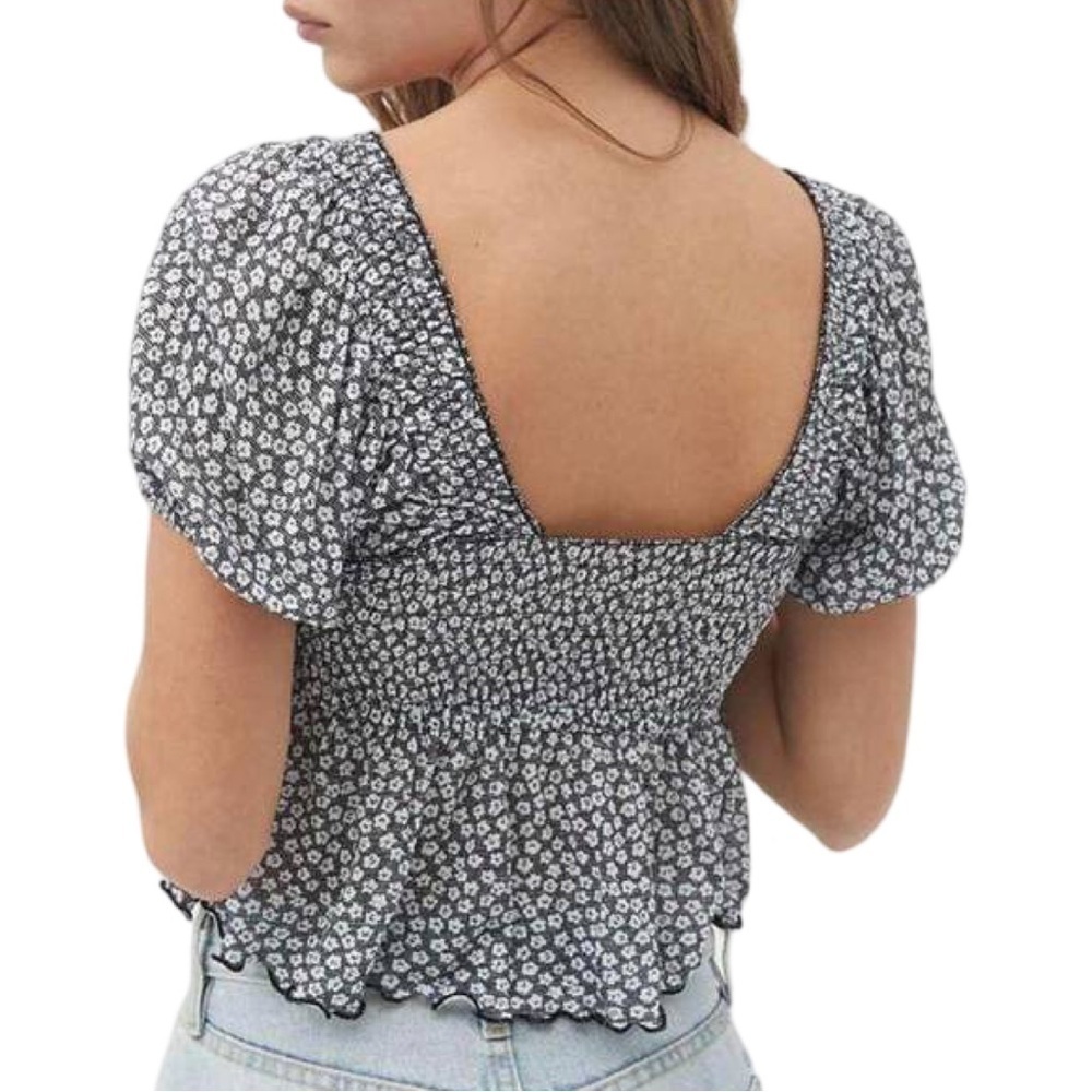UO Urban Outfitters Angelo Smocked Bodice Top Ditzy Floral Black & White Size S - Picture 17 of 17